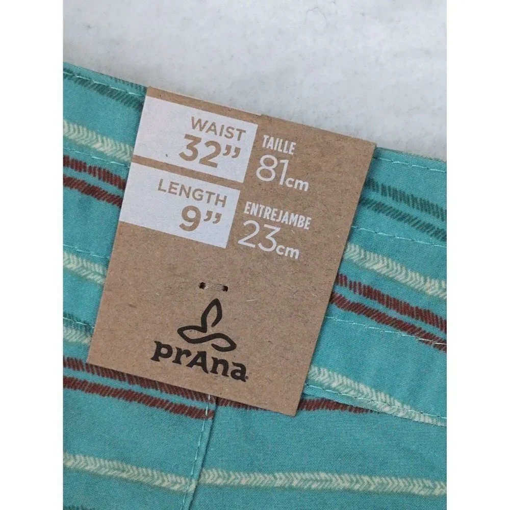 Prana Fenton Boardshorts Swimsuit‎ Mens 32 Aqua Beach Stripe 9 Inch Stretch